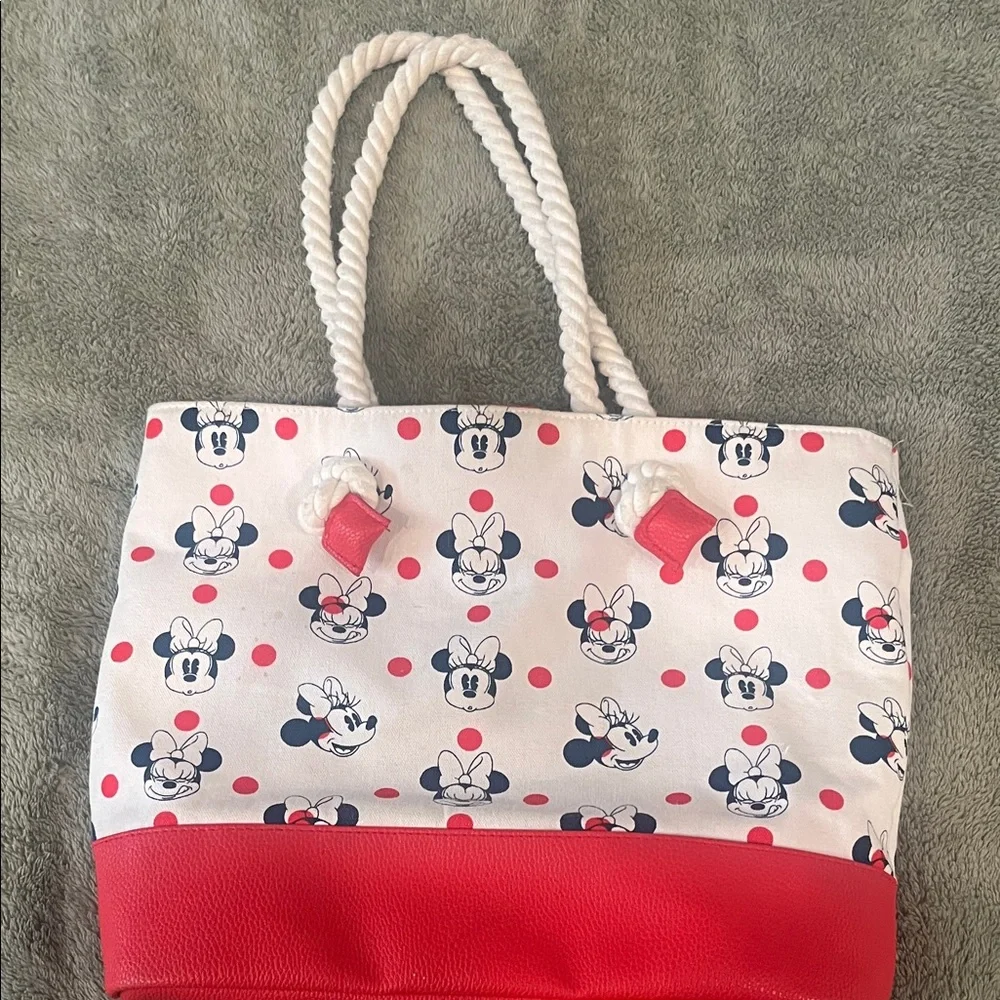 Disney Minnie Mouse White and Red Canvas Tote with Navy Character Motif